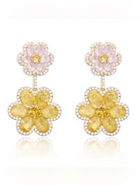 Pink Yellow Floral Gold CZ Earrings